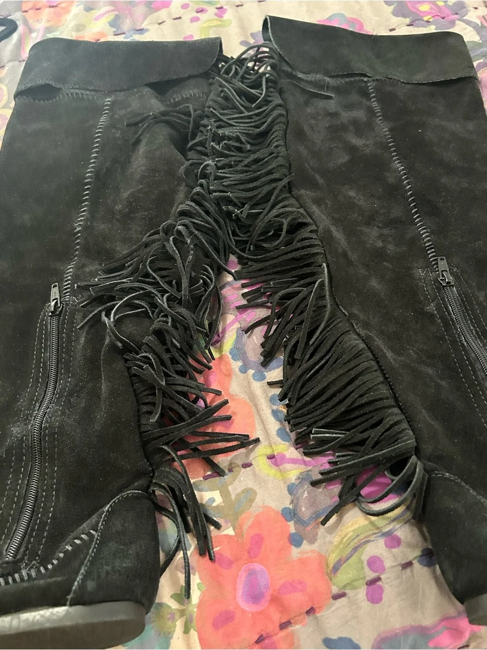 Minnetonka Black Suede Knee High Fringe Boots